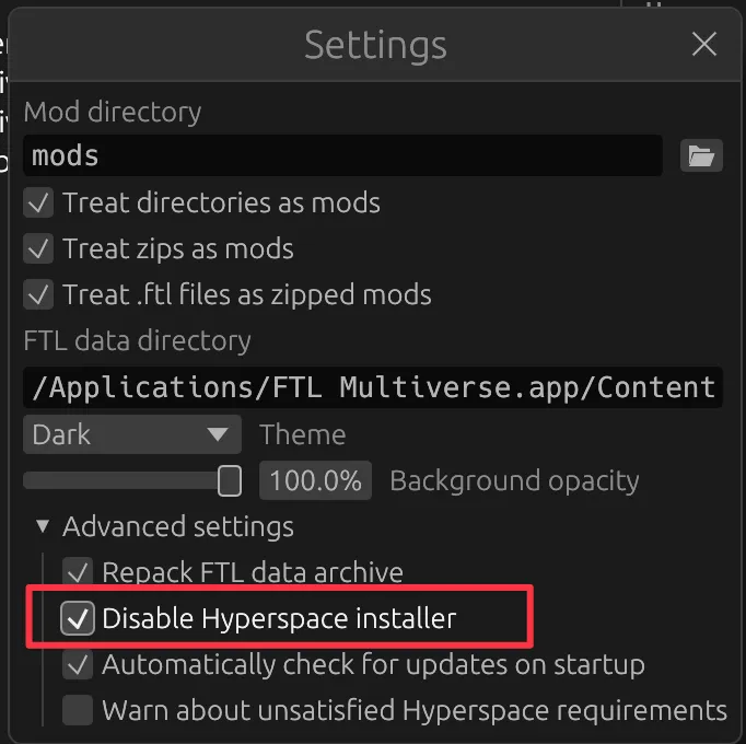 ftlman's Settings window with Disable Hyperspace installer ticked under Advanced settings