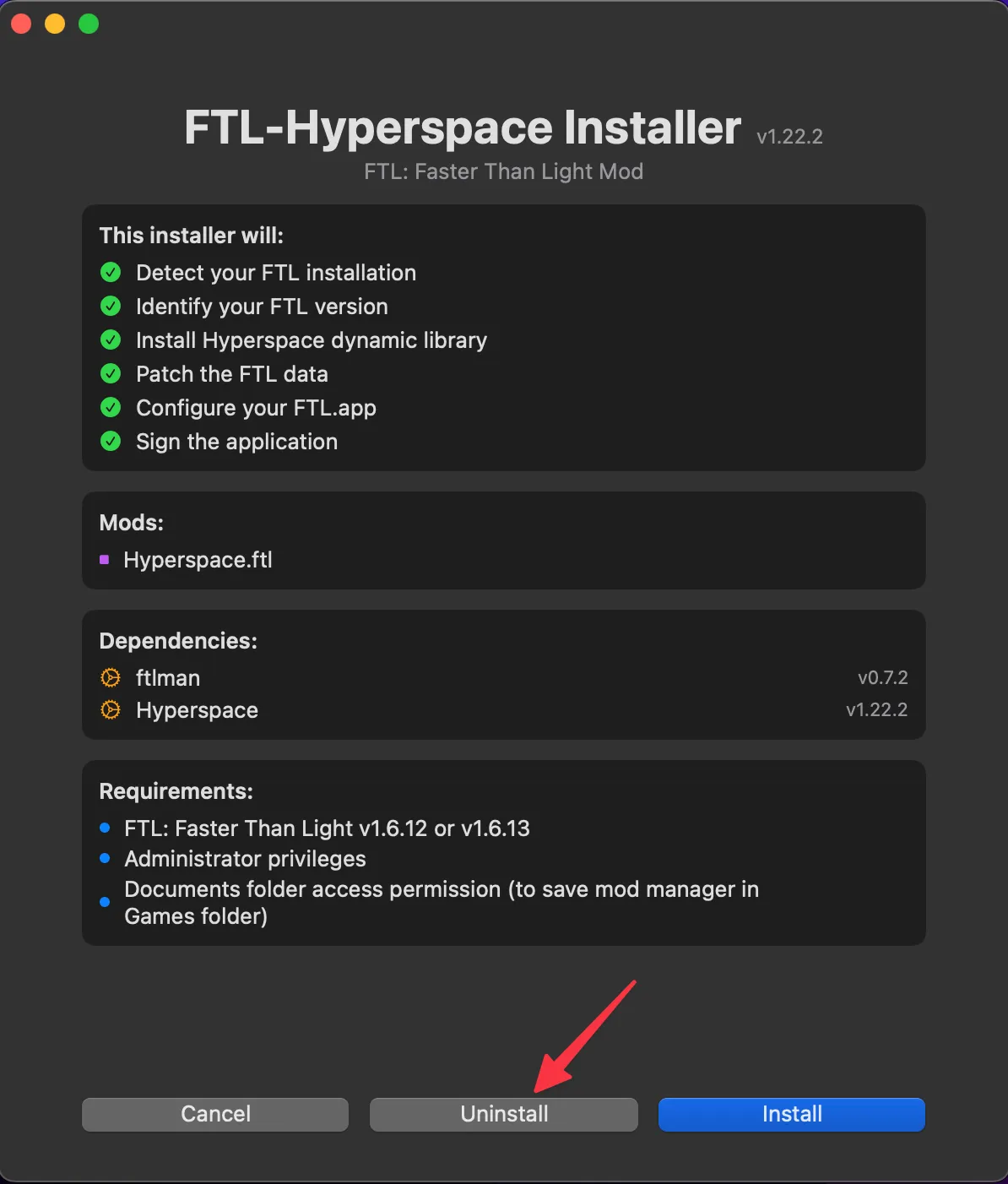 The installer window with the Uninstall button at the bottom